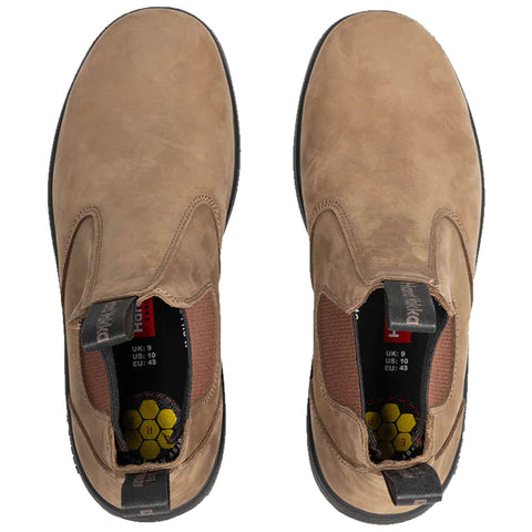 Brown leather slip-on shoes are positioned side by side displaying a smooth surface and elastic side panels with a cushioned insole visible inside suitable for casual or work settings.