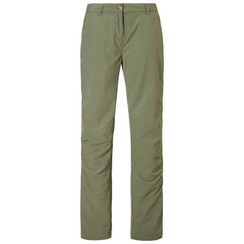 Lightweight olive green pants are displayed vertically with a button at the waist in a neutral setting suitable for casual or outdoor wear.