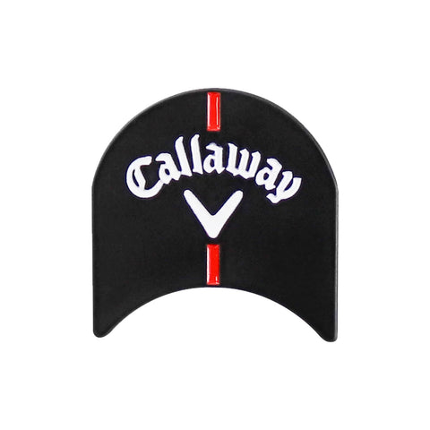 A black golf club head cover features the word Callaway in white lettering and a red vertical line down the center with a white triangular emblem below in a sports context.