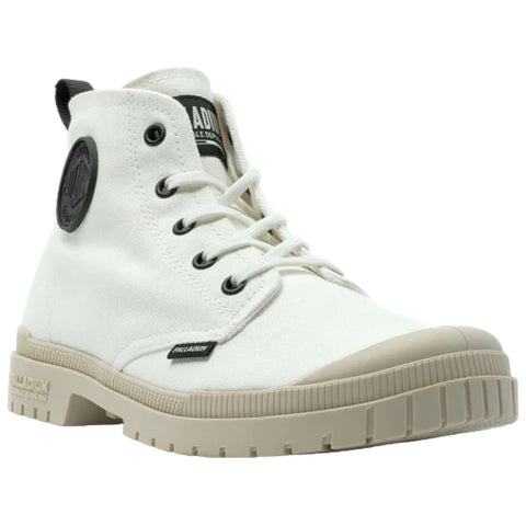 A white high-top sneaker is displayed from a slight angle showing laces and a rubber sole emphasizing its casual design and functionality in a neutral setting.