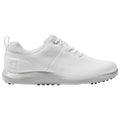 A white golf shoe features a sleek design with perforations for breathability and a rubber sole with traction elements designed for stability on the course.