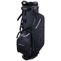 A black golf bag stands upright featuring multiple compartments and straps for carrying. It is designed for organizing golf clubs and accessories, commonly used on a golf course.