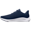 A dark blue athletic shoe is positioned sideways showcasing its sleek design and breathable upper material while the white sole emphasizes comfort and support in active settings