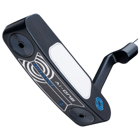 A black and white golf putter lies flat with a textured grip and a sleek design featuring blue accents the putter is designed for precision in golfing contexts.