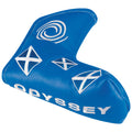 A vibrant blue object resembling a golf club headcover displays white embroidery of symbols and the word ODYSSEY emphasizing its use for protecting golf equipment in a recreational setting.