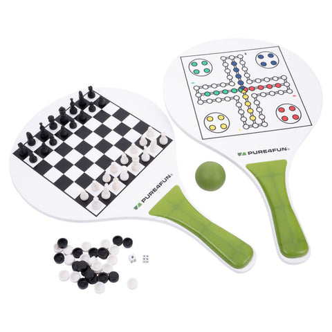 Two paddle boards designed for games are displayed side by side featuring a chessboard on one side and a game board on the other with colored circles and a center track scattered with game pieces and dice.