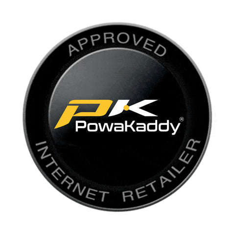 A circular badge with a black background displays the words PK PowaKaddy in bold white and yellow letters at the center while the text APPROVED and INTERNET RETAILER encircles the edge