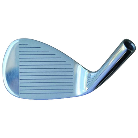 A golf club head with a shiny metallic face features horizontal grooves for grip and control positioned at an angle for striking the golf ball on a green surface.