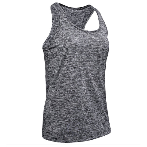 A gray athletic tank top is displayed hanging upright showcasing a sleeveless design and rounded neckline in a neutral setting without any visible distractions or additional context.