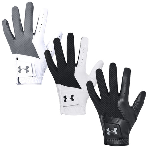 Three golf gloves are displayed with varying color patterns featuring a mix of black gray and white They showcase the design and logo of the Under Armour brand