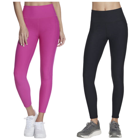 Two pairs of leggings are displayed side by side, one in bright pink and the other in black, both fitted and ribbed in texture, showcasing sporty fashion choices.