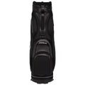 A black golf bag stands upright showcasing multiple storage compartments and a recognizable brand logo on the front designed for carrying golf clubs and accessories on the course.