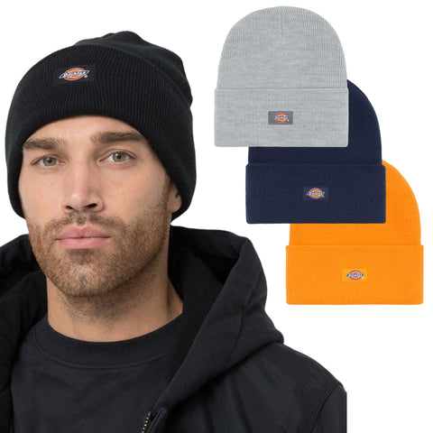 A man wearing a black beanie stands prominently while three additional beanies in gray navy and orange are displayed beside him against a neutral background.