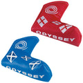 Two colorful putter headcovers in red and blue are displayed side by side featuring various embroidered designs and the word ODYSSEY prominently on each cover.