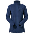 A navy fleece jacket is displayed with a full front zip and a high collar the sleeves are slightly tapered suggesting it is designed for warmth and comfort suitable for outdoor activities