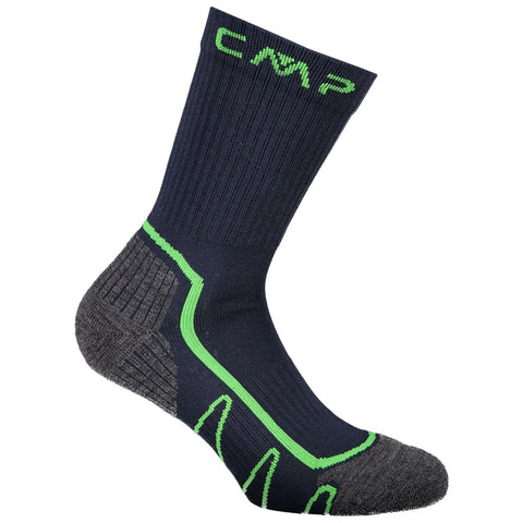 A single dark blue sock with green accents positioned upright displays a textured design and reinforced gray heel and toe sections, suitable for outdoor activities and comfort.