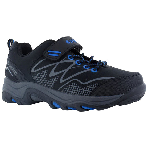 A black hiking shoe with blue accents features a padded collar and a hook-and-loop strap It is designed for outdoor activities providing traction and comfort on various terrain