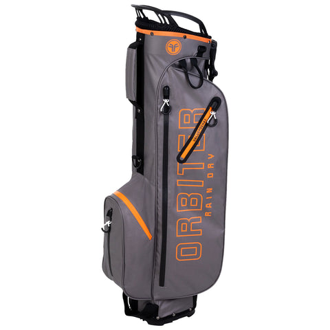 A golf bag stands upright featuring a gray fabric with orange accents. It has multiple pockets and a handle for carrying, designed for rainy conditions. The brand name "ORBITER RAIN DRY" is prominently displayed.