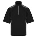 A short sleeve shirt featuring a black front and a blue side panel with a zippered pocket displays the text AQUA LITE on the sleeve.