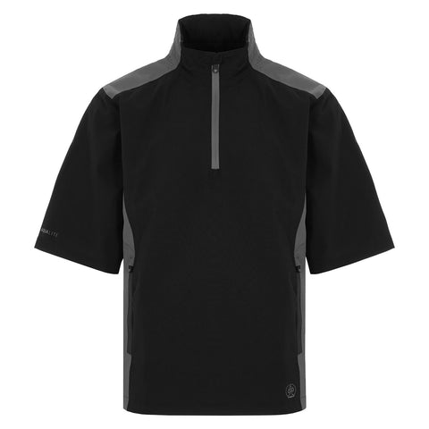 A short sleeve shirt featuring a black front and a blue side panel with a zippered pocket displays the text AQUA LITE on the sleeve.