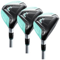 Three golf clubs are aligned closely together showcasing their black and turquoise design featuring adjustable settings labeled 24 27 and 30 positioned against a plain background.