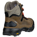 A brown hiking boot with a high ankle design features mesh and leather materials along with black and orange laces situated against a plain background.