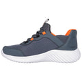 A gray athletic sneaker with an orange accent features a textured fabric upper and a white, ridged sole designed for comfort and support in various activities.