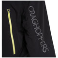 A black jacket features a prominent yellow zipper on the left arm and the word "CRAGHOPPERS" printed vertically in silver along the right sleeve.