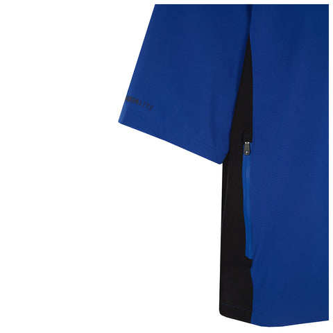 A blue shirt with short sleeves features a black panel on the side and includes a zipper detail at the hem showcasing a sporty design suitable for active wear.