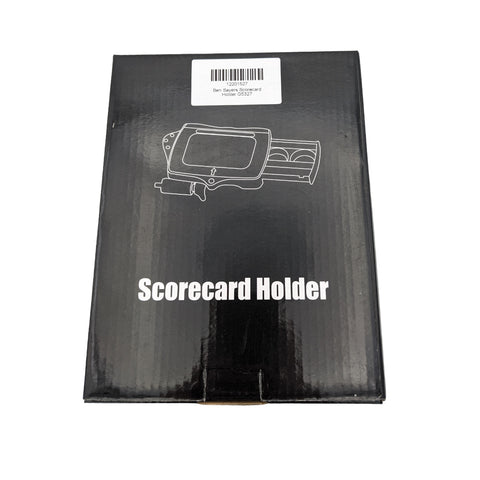 Black packaging prominently displays a scorecard holder illustration with clear text labeling it as a scorecard holder along with a barcode and additional product details.