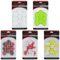 Practice golf airballs in various colors are displayed in clear packaging. The packs include white yellow red and dual color airballs showcasing them as golf training essentials for practicing swings indoors or outdoors.