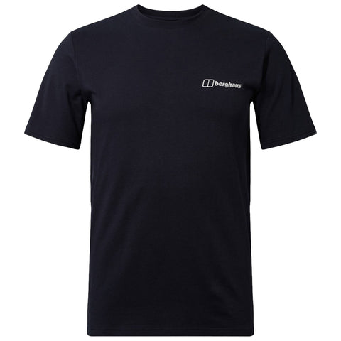 A black short-sleeved t-shirt features a small white logo on the left side chest area which reads "berghaus" indicating the brand of the clothing item.