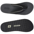 A black flip-flop features a textured footbed and a durable sole with a zigzag pattern. It is designed for comfort and casual wear in warm environments.