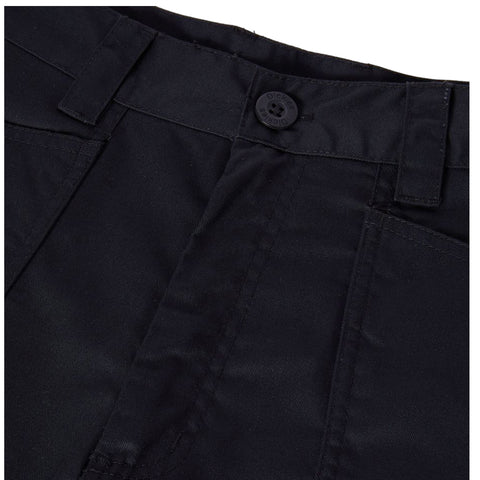 Black pants are displayed with a button and flat waistband the fabric appears smooth and includes front pockets the background is neutral and unobtrusive