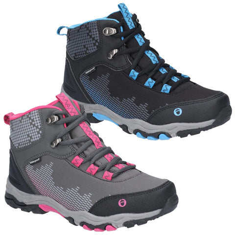 Two pairs of mid-rise waterproof hiking boots are displayed side by side. One pair is black with blue accents while the other is gray with pink accents, both featuring textured patterns.