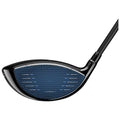 A golf club head features a sleek black surface with a blue patterned striking face designed for performance on the golf course, emphasizing aerodynamics and precision for players.