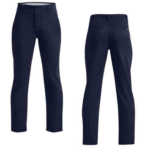 Navy pants displayed from the front and back showcasing a sleek design with a waistband and pockets designed for versatile everyday wear in casual or semi-formal settings