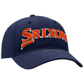 A navy blue baseball cap features the word "Srixon" prominently embroidered in orange lettering on the front, designed for casual or sporting use.