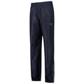 Navy blue waterproof pants are displayed standing upright with an elastic waistband and zippered pockets in a plain white background suggesting they are intended for outdoor or athletic activities.