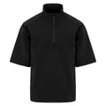 A short-sleeved black jacket features a high collar and a half-zip front. It includes side zip pockets, suitable for casual wear in urban settings or outdoor activities.