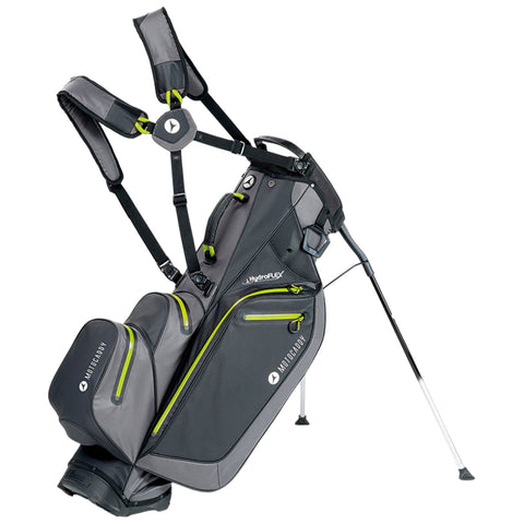 A golf bag with a sleek design features dual straps and multiple pockets for storage it stands upright on a two-legged support system suitable for carrying golf clubs during play