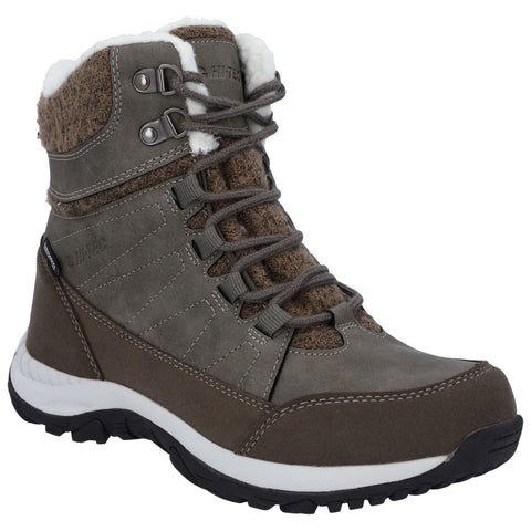 A gray winter boot features a plush lining and a sturdy sole. It is designed for cold weather, showcasing a textured upper and a lacing system for adjustable fit.