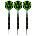 Three darts with green and black flights are lined up side by side each featuring a pointed tip and textured grips showcasing a sleek design suitable for dart games.