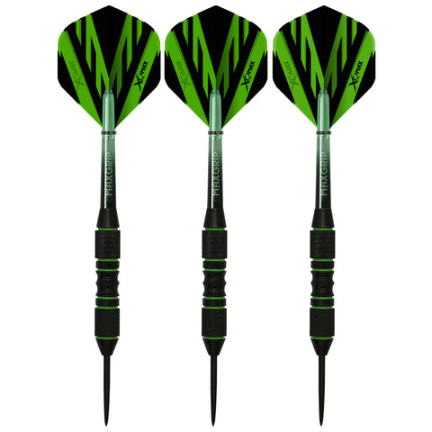 Three darts with green and black flights are lined up side by side each featuring a pointed tip and textured grips showcasing a sleek design suitable for dart games.