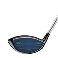 A golf club driver with a sleek black and blue face is positioned at an angle showcasing its perforated striking surface against a plain white background.