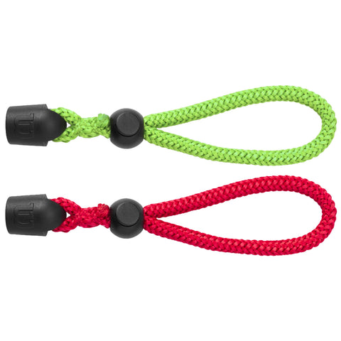 Two looped cord straps are displayed one green and one red both feature knotted ends and black plastic toggles showing an accessory for securing or organizing items.