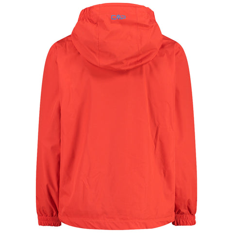 A red hooded jacket hangs displayed with elastic cuffs and a gathered hood showcasing a minimal design with a logo on the back suggesting outdoor or casual wear.