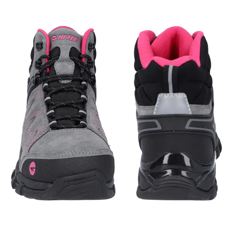 A pair of hiking boots features a grey and black design with pink accents laces and a cushioned collar showcasing a durable sole suited for outdoor activities.