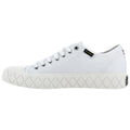 A white sneaker with a textured sole is centered in the image showcasing its design and features against a plain background highlighting its clean and minimalist style.