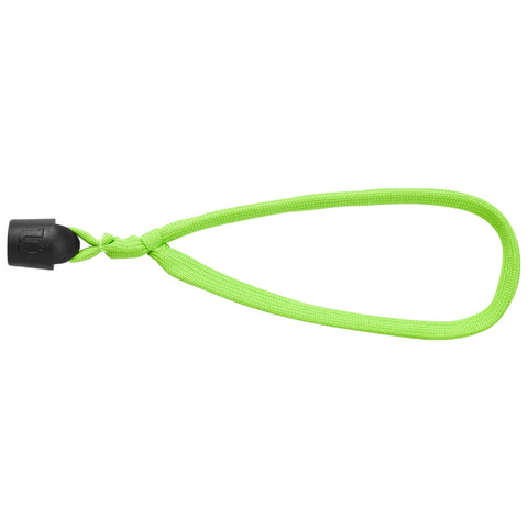 A green loop made of braided material with a black bead at one end is positioned horizontally against a plain background, suggesting a functional use for securing or fastening items.